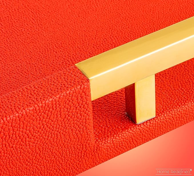 Modern Elegant 17.5"x12" Rectangle Red Shagreen Faux Leather Decorative Tray Ottoman Coffee Table Perfume Living Room Kitchen Serving Tray with Gold Polished Metal Handles by Home Redefined