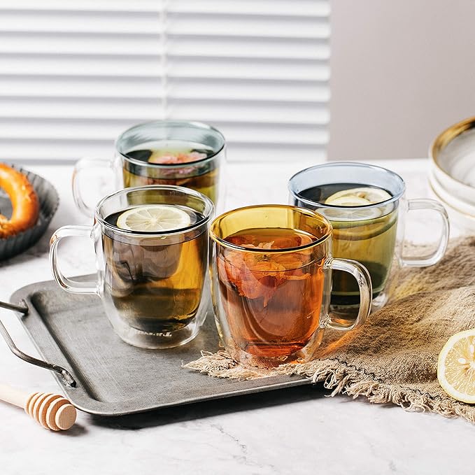 BTaT- Double Walled Glass Coffee Mugs, 12 oz, Set of 4, Colored Glass Coffee Cups with Handle, Insulated Clear Coffee Mug for Hot and Cold Beverages, Cappuccino, Latte, Tea, Americano, Microwave Safe