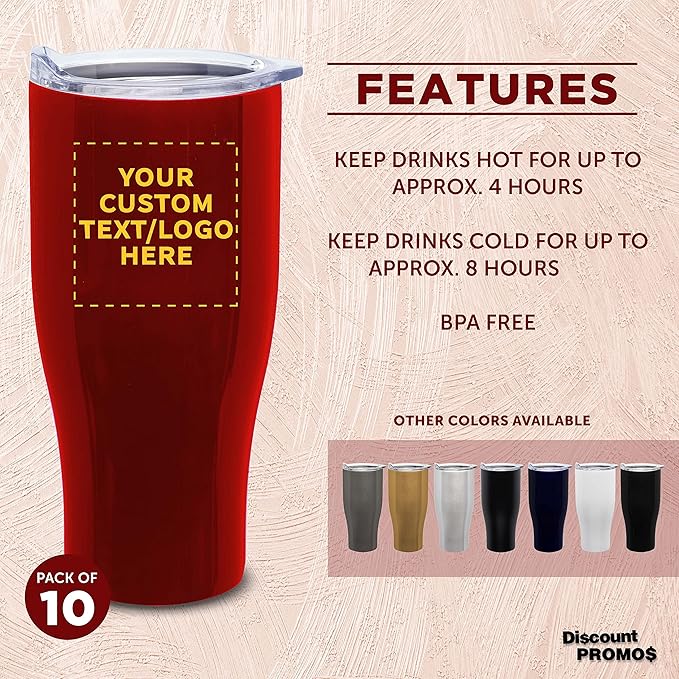 Custom Stainless Steel Grip Travel Mugs 27 oz. Set of 10, Personalized Bulk Pack - Perfect for Coffee, Soda, Other Hot & Cold Beverages - Red