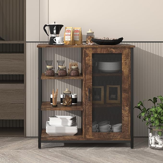 LVSOMT Mini Coffee Bar Cabinet with Storage, 27.5'' Small Kitchen Bar Table, Cute Corner Bar Cabinet for Tea, Buffet Sideboard Cabinet for Dining Room, Farmhouse Coffee Station for Wine (Brown)