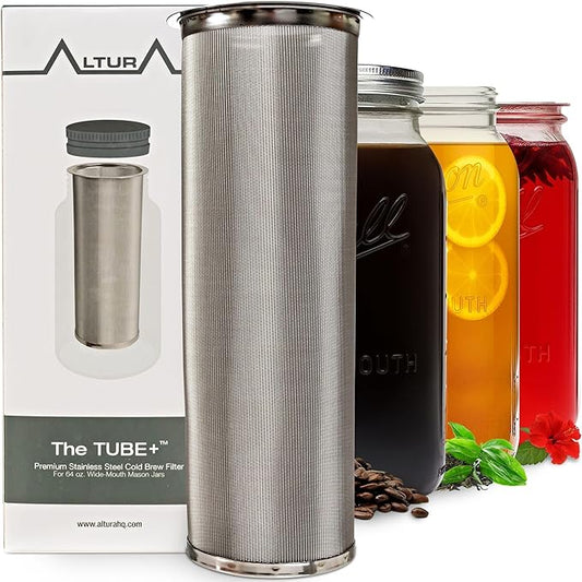 Altura The TUBE+ Cold Brew Coffee Maker and Tea Infuser for Wide Mouth Mason Jars - Stainless Steel Cold Brew Filter Strainer for Iced Coffee, Fruit Water & More - (64oz/2qt)