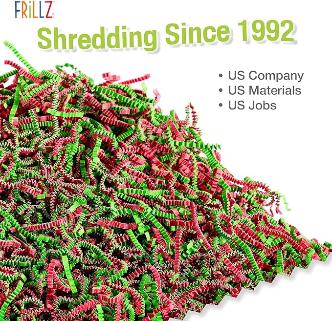 Frillz Crinkle Cut Paper Shred Filler for Baskets, Gifts, Packing and Protecting your Christmas, Holiday and other events (1 pound, Red and Lime Green)