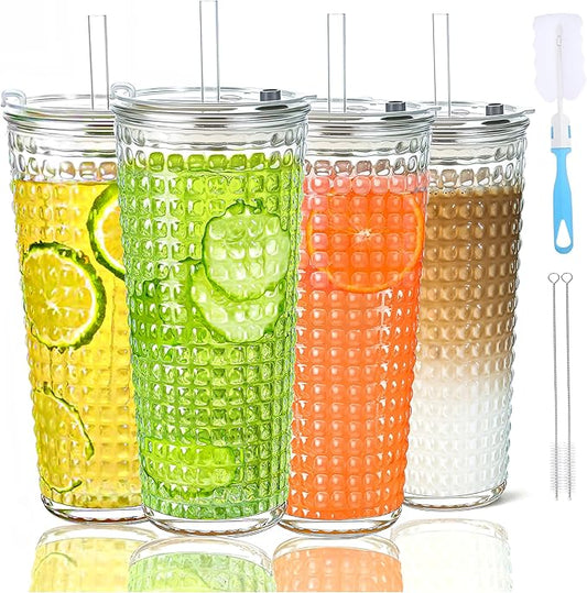 20oz Glass Cups with Lids and Straws,4 Pack Reusable Glass Tumbler for Cold & Hot Drinks Wide Mouth Travel Mug for Smoothies Cocktails Beer Tea Juice and Iced matcha Coffee Cups with Lids