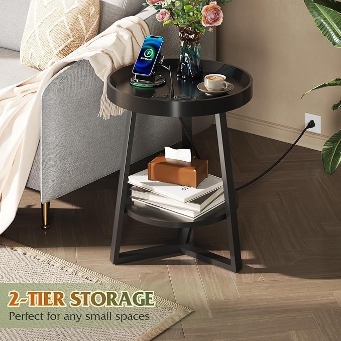 WLIVE Round End Table with Charging Station, Small Round Coffee Table, 2 Tier Side Table for Living Room/Bedroom, Sofa Couch, Wood Tabletop & Metal Frame, Black