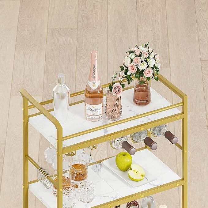 3 Tier Bar Cart Gold, Stylish Rolling Bar Cart, Gold Wine Cart with Wheels, Small Beverage cart, Metal Bar Carts Home, Liquor Cart with Glass Holders & Wine Rack for Kitchen Living Room GBC507G