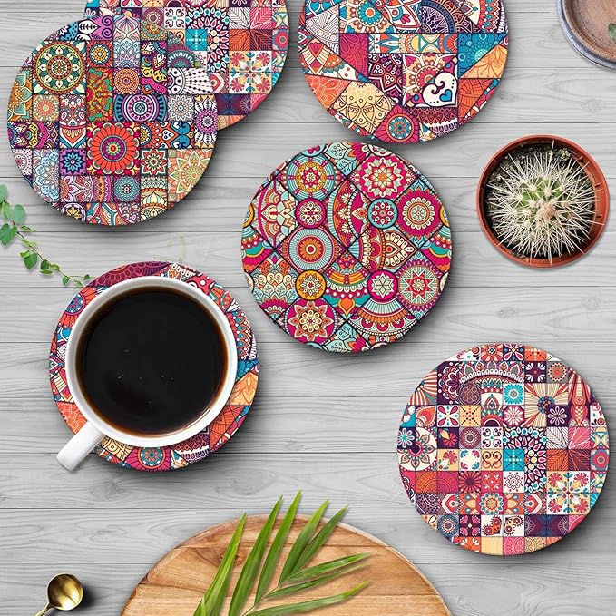 Britimes Coaster for Drinks Set of 6, Vintage Ottoman Flower Mexican Mandala Table Absorbent Round Ceramic Stone Mat, with Cork Base and Metal Holder, Gift for Housewarming Room Bar Decor