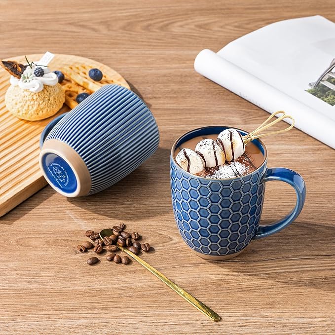 GBhome Large Coffee Mugs Set of 4, 16oz Handmade Embossed Coffee Mugs Set with Large Handle for Cappuccino/Latte/Tea/Hot Cocoa, Dishwasher & Microwave Safe, Blue