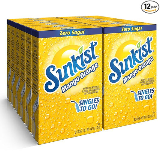 Sunkist Soda Mango Orange Singles To Go Drink Mix, 12 Boxes with 6 Packets Each - 72 Total Servings
