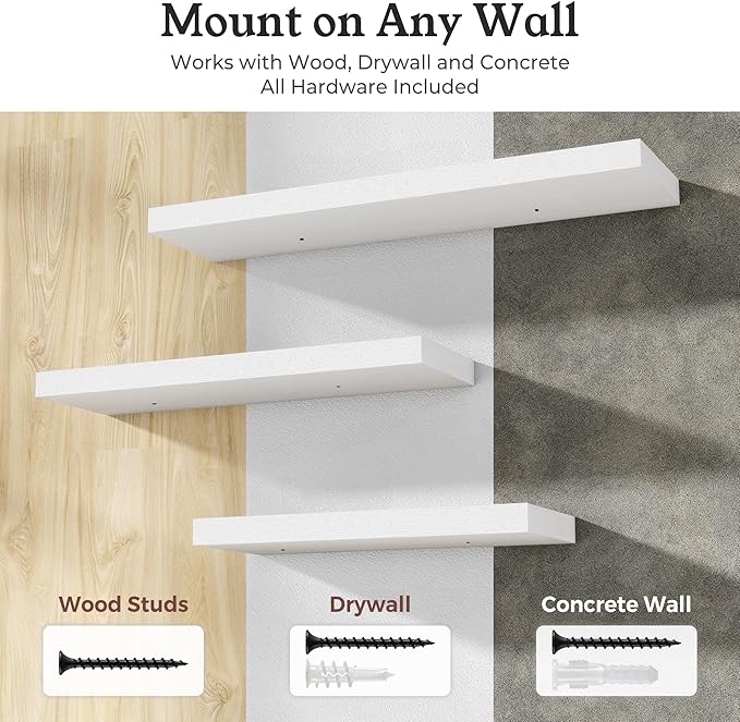 Floating Shelves for Wall, 9.3" Deep Wall Mounted Wood Shelves for Bathroom, Bedroom, Living Room, Kitchen, Hanging Shelf for Books/Storage/Room Decor (White 30")