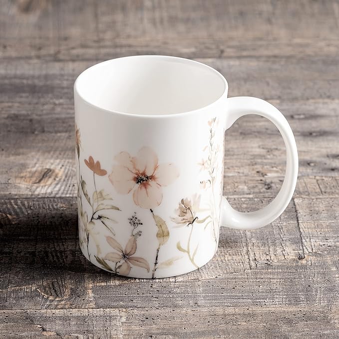 Maison d' Hermine Coffee Mug with Handles Fine Bone China Mugs Pack of One Tea Cups for Hot Beverages Cappuccino Latte Home Office Perfect for Gift (Ice Florals - Romantic Morning, 12 Ounce)
