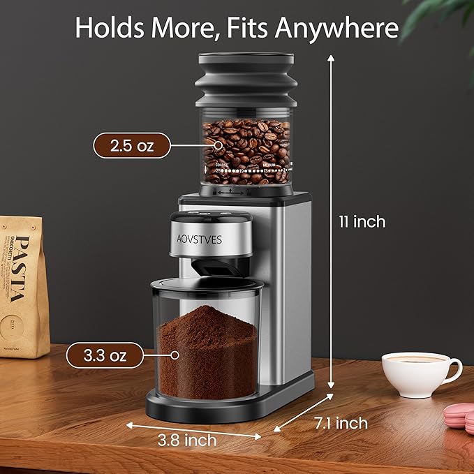 AOVSTVES Conical Burr Coffee Grinder for Home,25 Precise Grind Settings,60-Second Timer,Easy to Clean Stainless Steel Burrs,Anti-Static & Anti-Slip Base