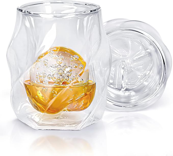 JAMES BENTLEY JB Whiskey Glasses – Double Wall, Hand Blown Borosilicate Glass, Enhances Aroma and Flavor, Premium Quality for Bourbon & Whiskey Tasting — Set of 2 Glasses with 2 Ice Ball Molds