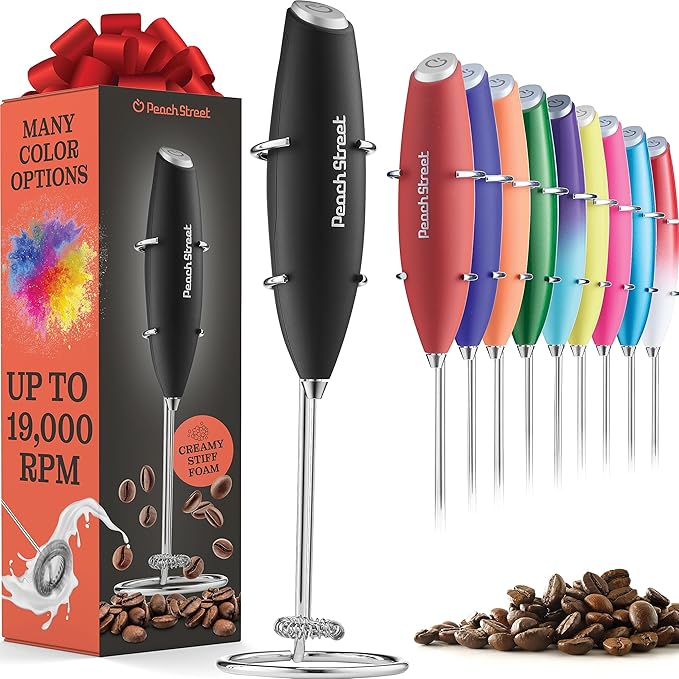 Powerful Handheld Milk Frother, Mini Milk Frother Wand, Battery Operated Stainless Steel Drink Mixer - Frother Stand for Milk Coffee, Lattes, Cappuccino, Frappe, Matcha, Hot Chocolate. Gift