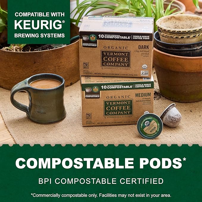 Vermont Coffee Company, Organic Dark Roast Coffee, K-Cup Single-Serve Compostable Coffee Pods, 10CT, Made in the USA