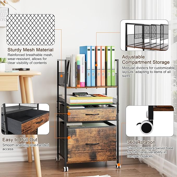 Rolling Storage Cart with 2 Drawers, 4 Tier Heavy Duty Utility Cart with Adjustable Dividers & Wheels, Mobile Storage Cabinet for Home, Office, Classroom, Coffee Bar, Black/Antique