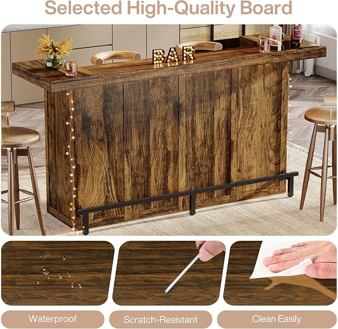Tribesigns 4-Tier Bar Table, 70.9-Inch Large Wood Home Bar Unit with Wine Glass Holder and Black Footrest, Pub Table with Storage Shelves for Kitchen, Indoor, Brown