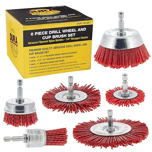 Dura-Gold 6 Piece Abrasive Filament Nylon Bristle Cup Brush Set - 1/4" Hex Drill Shank Arbor, Coarse Grit Angle Grinder Brush for Truck Bed Liner Surface Prep, Sanding, Scuffing, Rust & Paint Removal