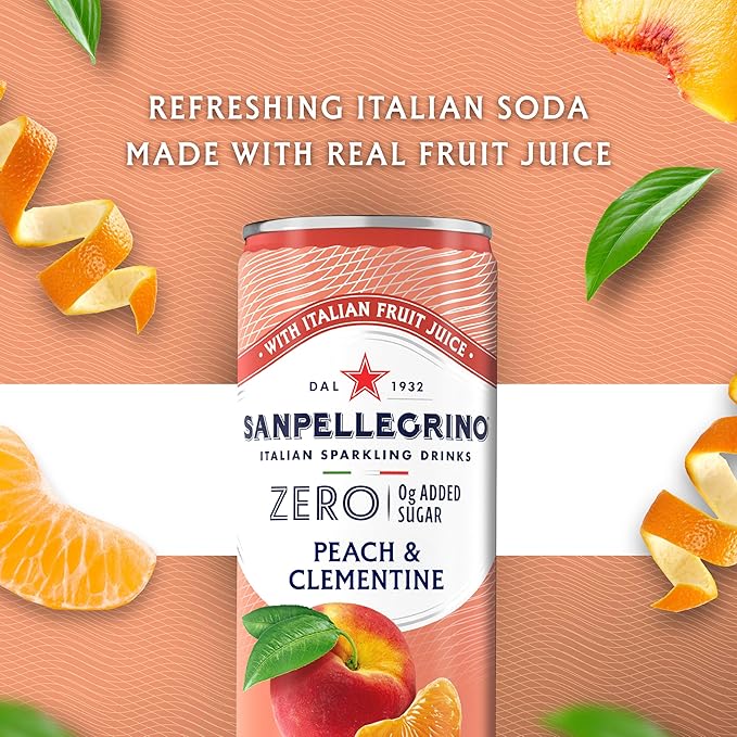 Sanpellegrino Zero Grams Added Sugar Italian Sparkling Drinks, Sparkling Peach Clementine Beverage, 24 Pack of 11.15 Fl Oz Cans