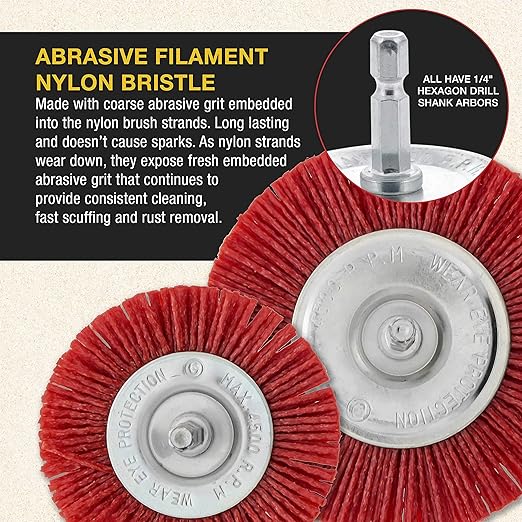 Dura-Gold 6 Piece Abrasive Filament Nylon Bristle Cup Brush Set - 1/4" Hex Drill Shank Arbor, Coarse Grit Angle Grinder Brush for Truck Bed Liner Surface Prep, Sanding, Scuffing, Rust & Paint Removal