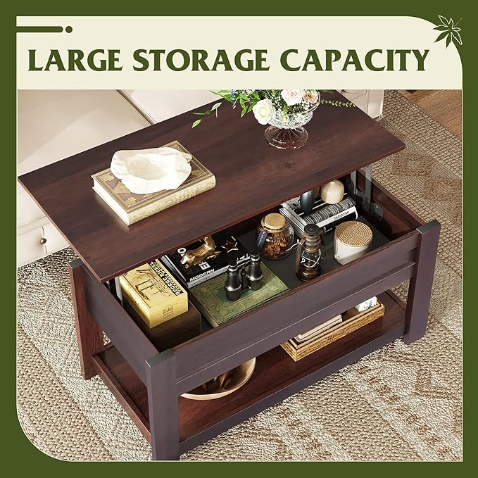 WLIVE Coffee Table, 39" Lift Top Coffee Table with Hidden Compartment, Storage Shelf and Lifting Top for Home Living Room, Office and Bedroom, Red-Brown