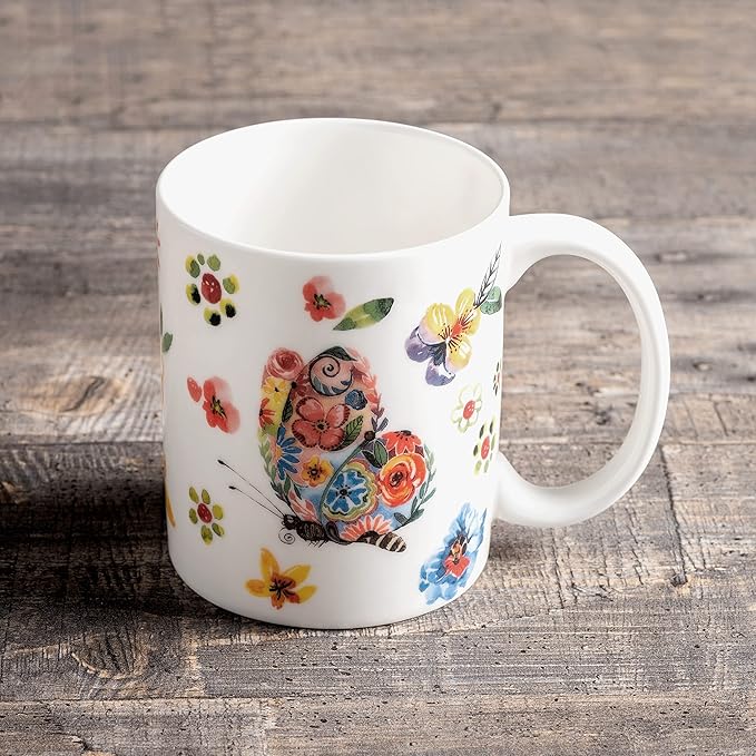 Maison d' Hermine Coffee Mug with Handles Fine Bone China Mugs Pack of One Tea Cups for Hot Beverages Cappuccino Latte Home Office Perfect for Gift (Happy Florals - High Summer Butterfliess, 12 Ounce)