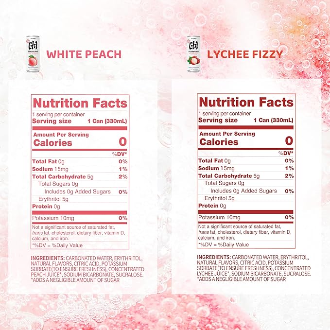 CHI FOREST Sparkling Water Beverage, Lychee & White Peach, 2 Flavors, Zero Sugar, 11.16 fl oz Cans (Pack of 24)