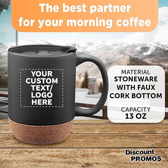 Custom Barista Ceramic Mugs with Cork Bottom 13 oz Set of 12/36/72 Personalized Bulk Pack Perfect for Coffee Tea Espresso Hot Cocoa Other Beverages - Black