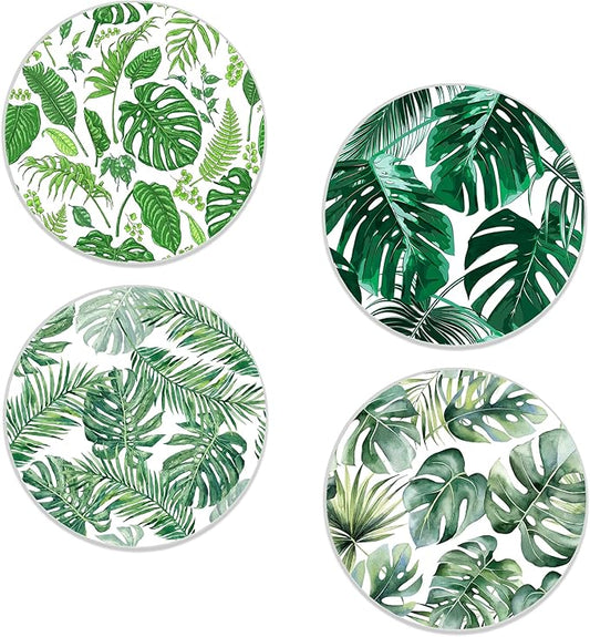 Drinks Coasters Set of 4, Green Palm Leaves Round 4" Cup Coasters, Absorbent Ceramic Stone Coasters with Cork Base, Cute Coasters for Table Home Décor, Ideal Gifts for Women Men