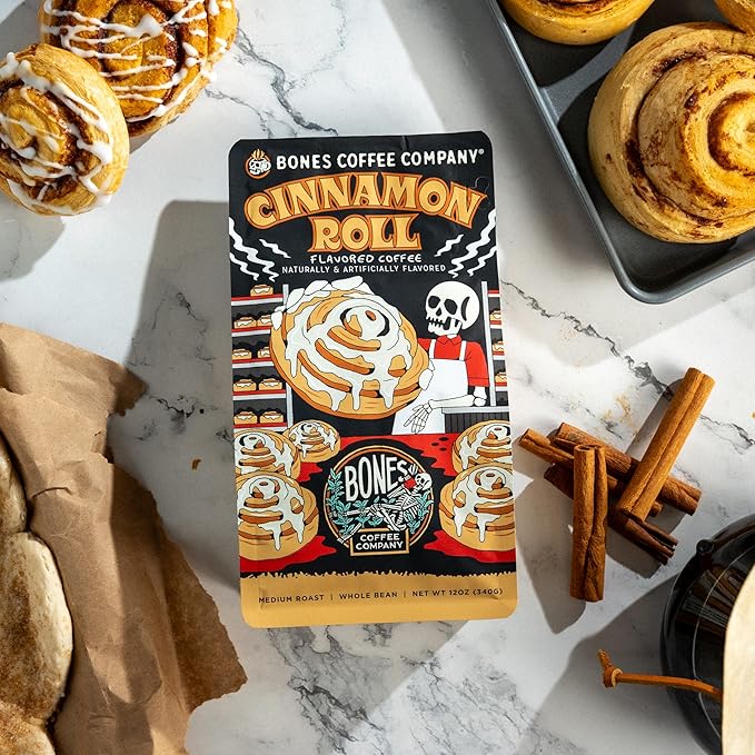 Bones Coffee Company Cinnamon Roll Flavored Coffee, Medium Roast Low Acid Arabica Beans Compatible with Auto drip and French Press Coffee Maker, 12 Oz Ground