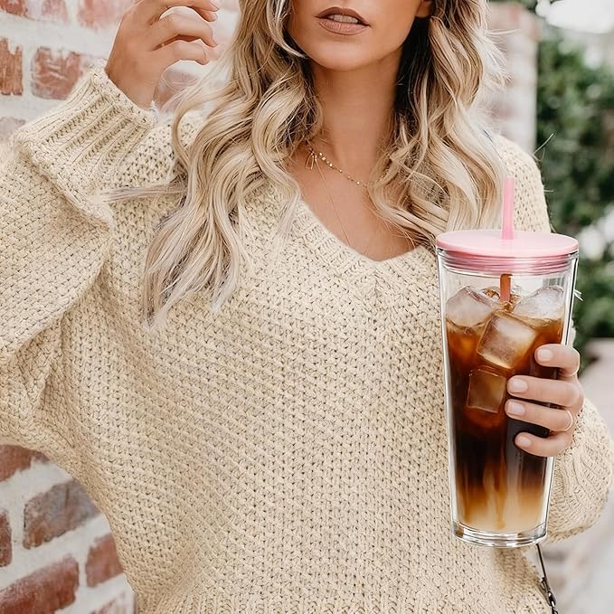24oz Tumbler with Lid and Straw, Leak Proof and Double Wall Insulated Reusable Plastic Cups,Travel Reusable Iced Coffee Cup (1, Pink)