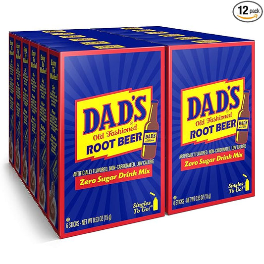 Dad's Old Fashioned Root Beer Singles To Go Sugar Free Powder Drink Mix 6 Sticks Per Box, 12 Boxes (72 Total Sticks)