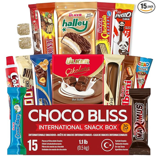 Eastanbul International Snack Box, 15 Chocolate Assortment Bars, Turkish Exotic Snacks, Assorted Candy Variety Pack of Foreign Exotic Candy Box of Assorted Chocolate