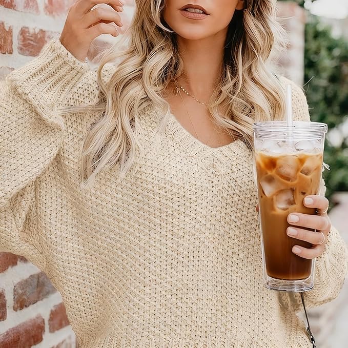 24oz Tumbler with Lid and Straw, Leak Proof and Double Wall Insulated Reusable Plastic Cups,Travel Reusable Iced Coffee Cup (1, Transparent)