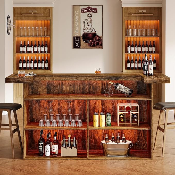 Tribesigns 4-Tier Bar Table, 70.9-Inch Large Wood Home Bar Unit with Wine Glass Holder and Black Footrest, Pub Table with Storage Shelves for Kitchen, Indoor, Brown