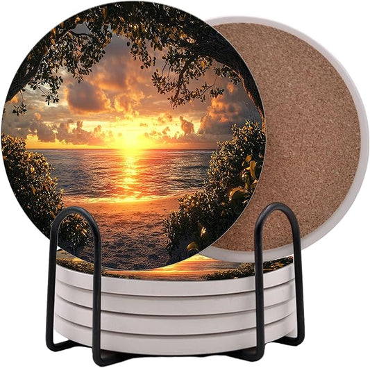 Summer Sunshine Beach Season Leaves Round Coasters Set of 6 - Abosrbent Ceramic Coasters with Metal Stand for Drinks, Coffee, Non-Slip Cork Back for Tabletop Protection, 4 Inches (Sunset)