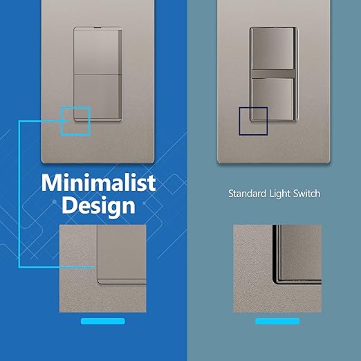 LIDER Minimalist Design Matte Finish Lighted Double Switch with Screwless Wall Plate, Combination Frameless Decorator Switch with Locator Light Ground Terminal Single Pole, 15A 120V, UL Listed, Nickel