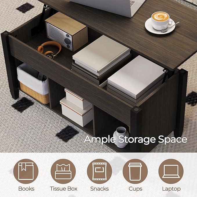 Yaheetech Coffee Table, 41in Lift Top Coffee Table with Storage Hidden Compartment & Shelf, Retro Coffee Center Table with Lift Tabletop for Living Room, Espresso