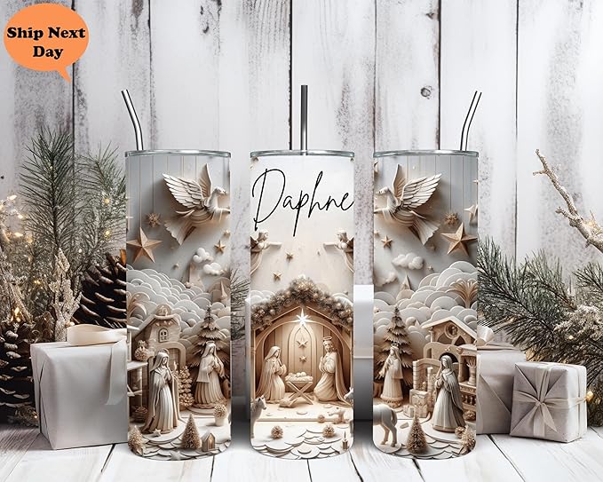 Custom Nativity Scene Tumbler with Straw, Personalized Christmas Religious Themed Insulated Drinkware, 20 oz