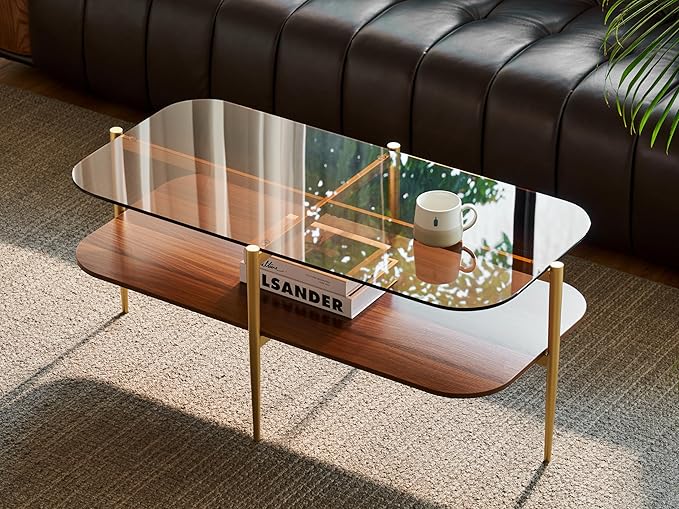 Shrine Oval Glass Coffee Table, Mid-Century Modern Design, Two-Tier Walnut MDF Rounded Corner Table, 41" D x 21" W x 17" H, Sleek Conical Metal Legs with Gold Finish