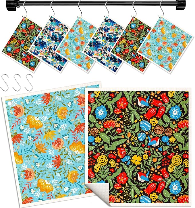 Kitchen Swedish Dishcloths with Hooks - 6 Pack Reusable Dish Cloths for Washing Dishes Fast Drying Cute Fun Swedish Dish Towels Washable Cleaning Sponge, Full Blown Flowers