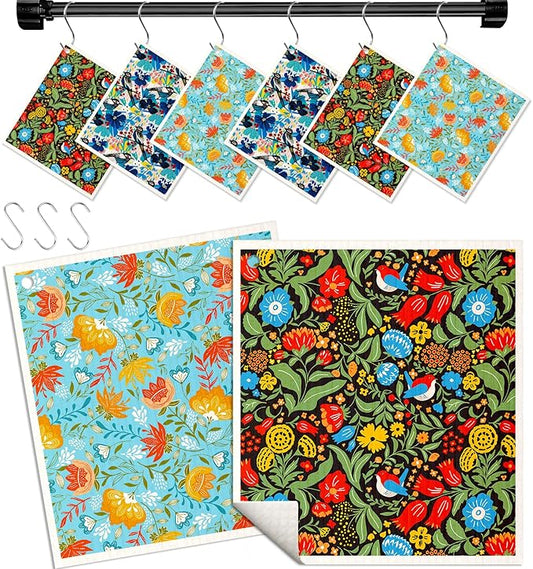 Kitchen Swedish Dishcloths with Hooks - 6 Pack Reusable Dish Cloths for Washing Dishes Fast Drying Cute Fun Swedish Dish Towels Washable Cleaning Sponge, Full Blown Flowers