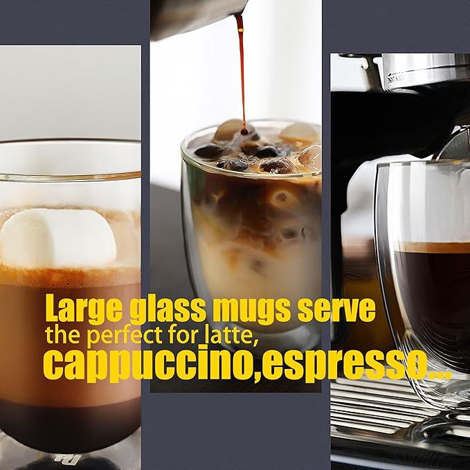PunPun Coffee Cups Clear12.9OZ. 380ml Coffee Mugs, Espresso Cups,Double Wall Milk Cup with Big Handle,Perfect Mug for Hot Beverages, Latte, Cappuccinos Set of 2