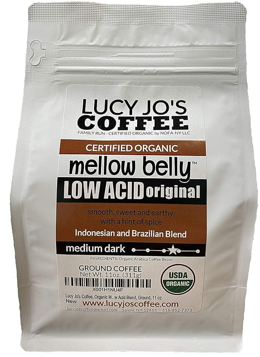 Lucy Jo's Coffee Roastery, Organic Mellow Belly Low Acid Blend, Medium Dark, Ground, 11 oz (11 OZ)