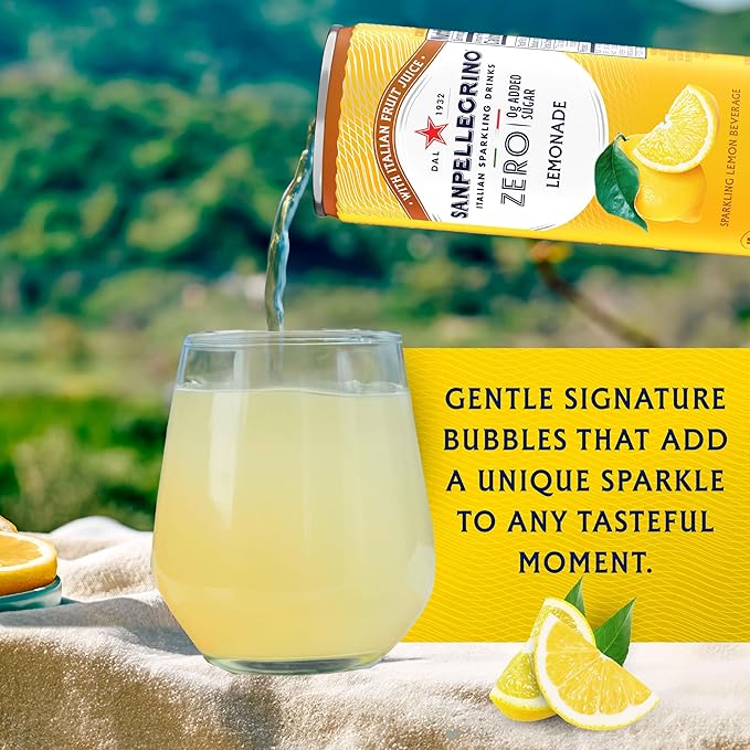 Sanpellegrino Zero Grams Added Sugar Italian Sparkling Drinks Lemonade, Sparkling Lemon Beverage, 24 Pack of 11.15 Fl Oz Cans