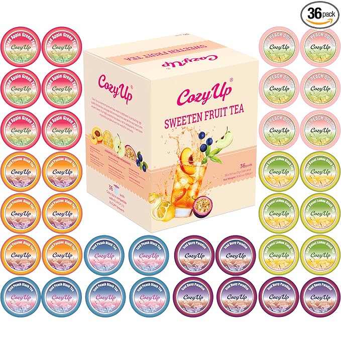 Cozy Up Iced Sweet Fruit Tea Variety Pack, 36 Count - Compatible with Keurig Brewers, Includes Berry Paradise, Peach, Passion, Lemon, Peach Oolong & Apple Green Tea - Single Serve Pods for Brew Over Ice