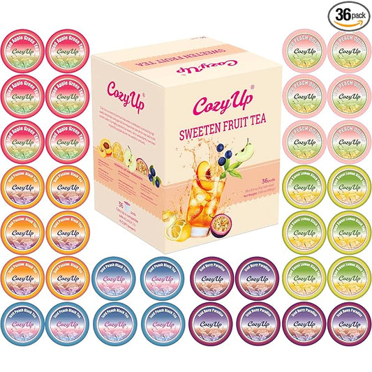 Cozy Up Iced Sweet Fruit Tea Variety Pack, 36 Count - Compatible with Keurig Brewers, Includes Berry Paradise, Peach, Passion, Lemon, Peach Oolong & Apple Green Tea - Single Serve Pods for Brew Over Ice