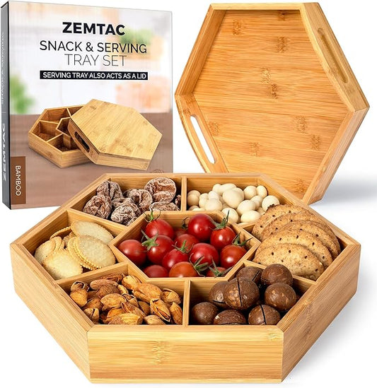 Snack Tray with Lid That Doubles as a Serving Tray – 13"x11" Bamboo Wooden Dry Fruit Tray for Nuts & Candy, Decorative Trays for Home Decor, Coffee Table or Ottoman Use (Bamboo, 13"x11")