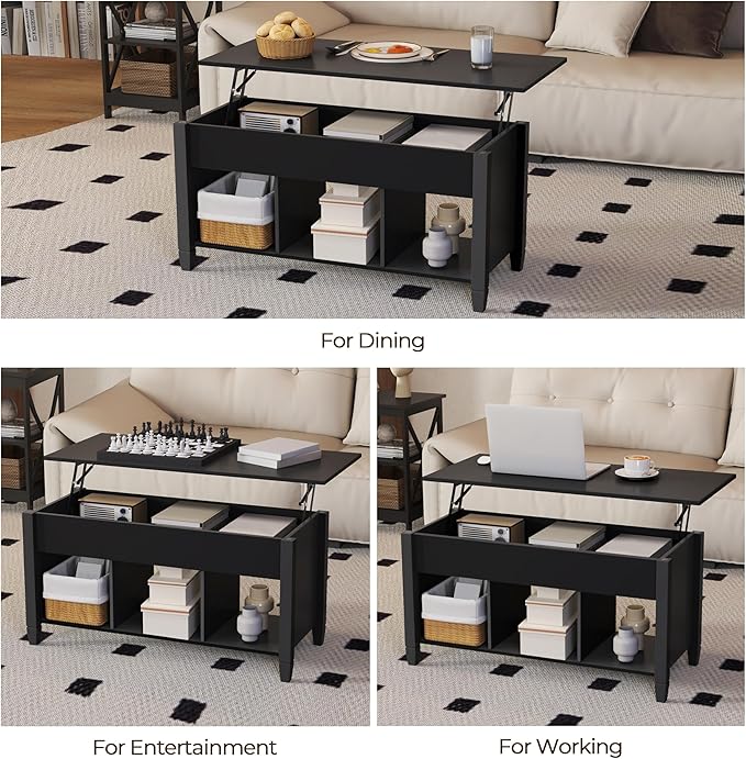 Yaheetech Coffee Table, Lift Top Coffee Table w/Hidden Storage Compartment & Lower 3 Cube Open Shelves, Lift Tabletop Center Tables for Living Room/Reception Room/Office, Black