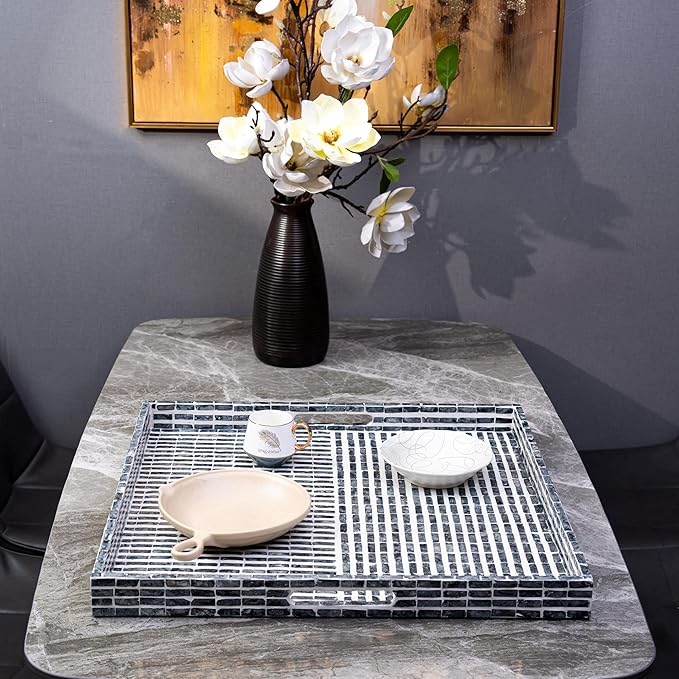 PEMAR Extra Large Square 20" Capiz Shell Ottoman Tray with Insert Handles, Oversized Decorative Luxury Wooden Serving Tray for Food, Coffee Table, Breakfast in Bed (Grey-White Stripes)