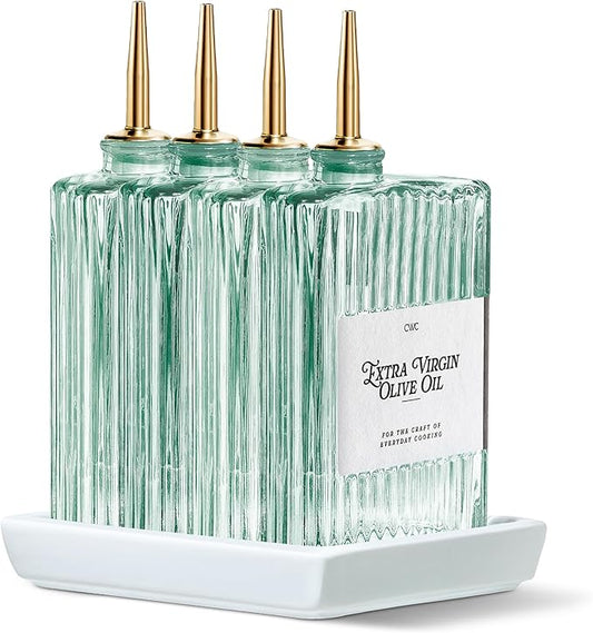 COOK WITH COLOR Olive Oil Dispenser Bottle - 4 Pk Glass Oil Dispenser for Kitchen - Condiment, Coffee Syrup & Vinegar Dispenser, Olive Oil Cruet, Includes 8 Auto Pourer Spouts